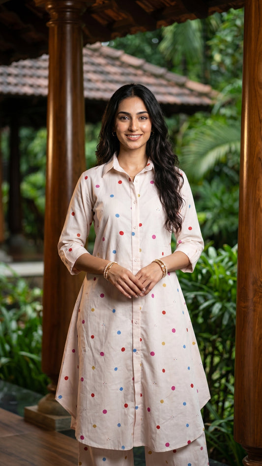 Cream Multi-Dot Button-Down Co-ord Set