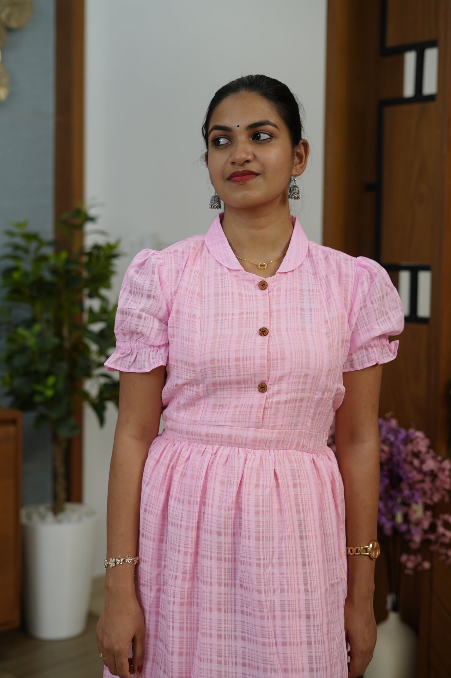 Pastel Pink Puff Sleeve Dress - F1067