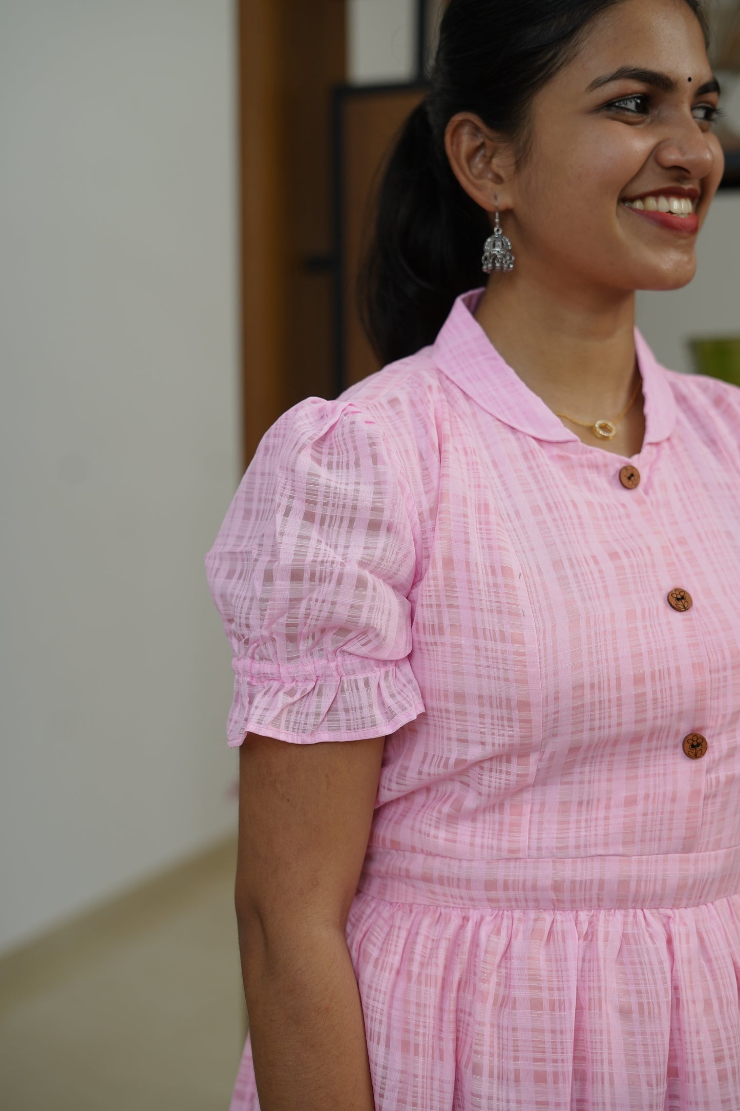Pastel Pink Puff Sleeve Dress - F1067