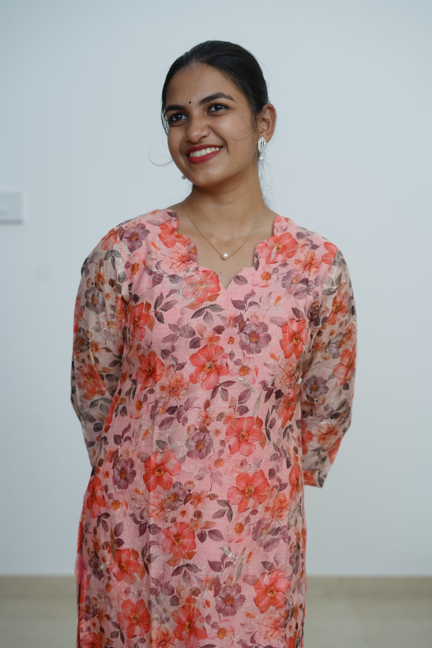 Coral Blossom Floral Kurti - F1076