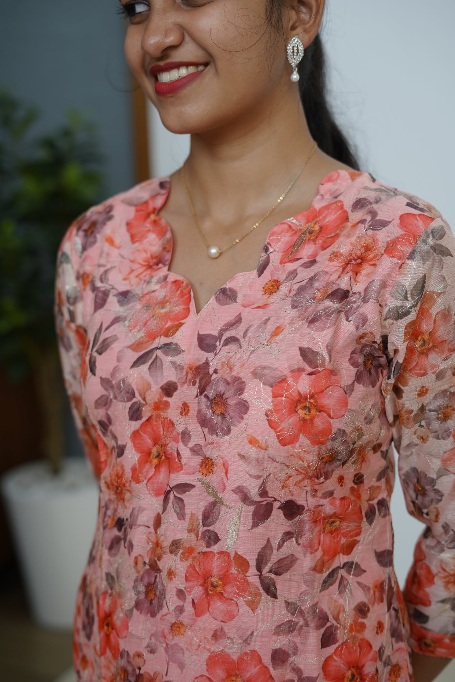 Coral Blossom Floral Kurti - F1076
