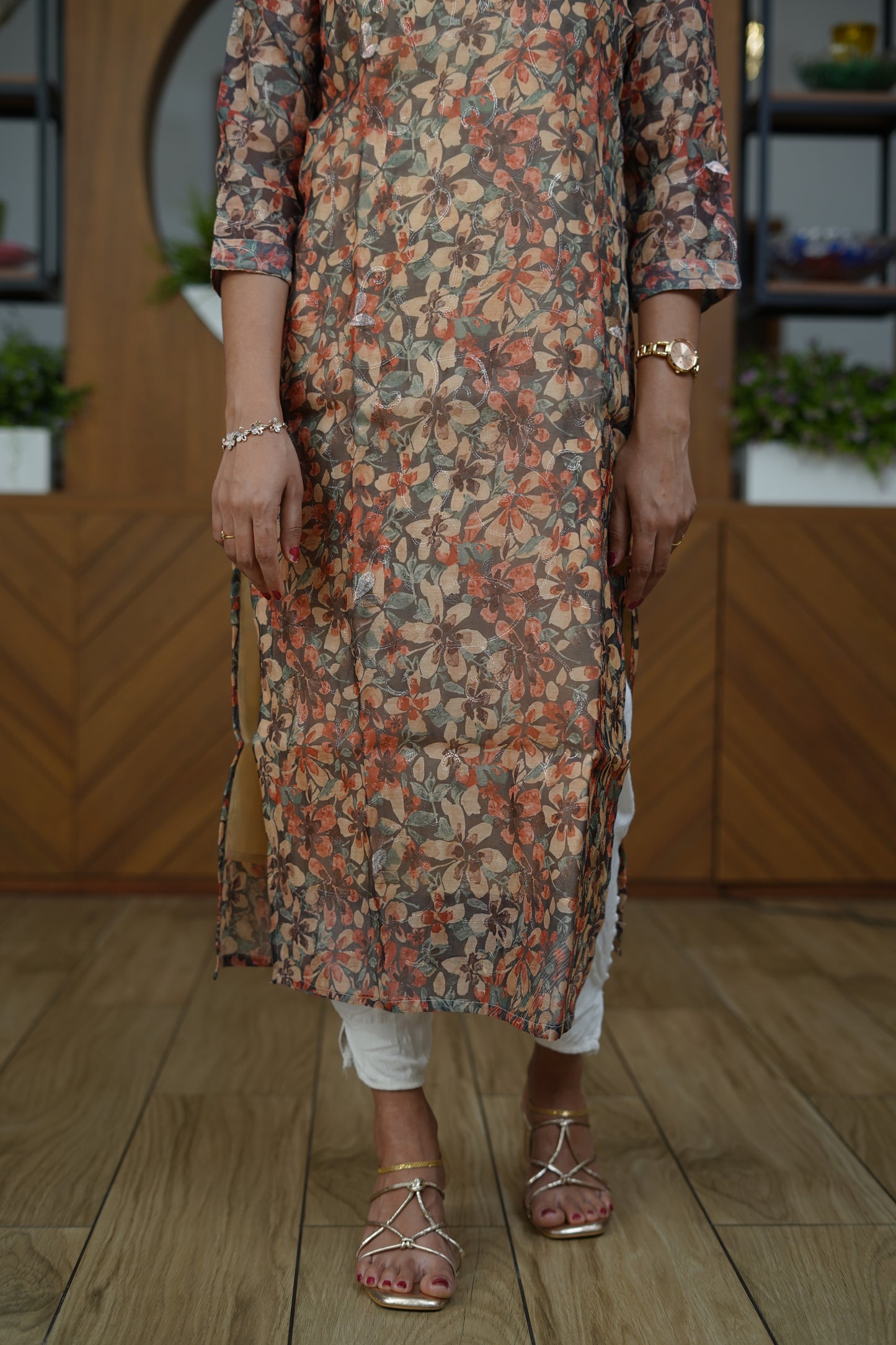 Earthy Bloom Sheer Floral Kurti - F1076