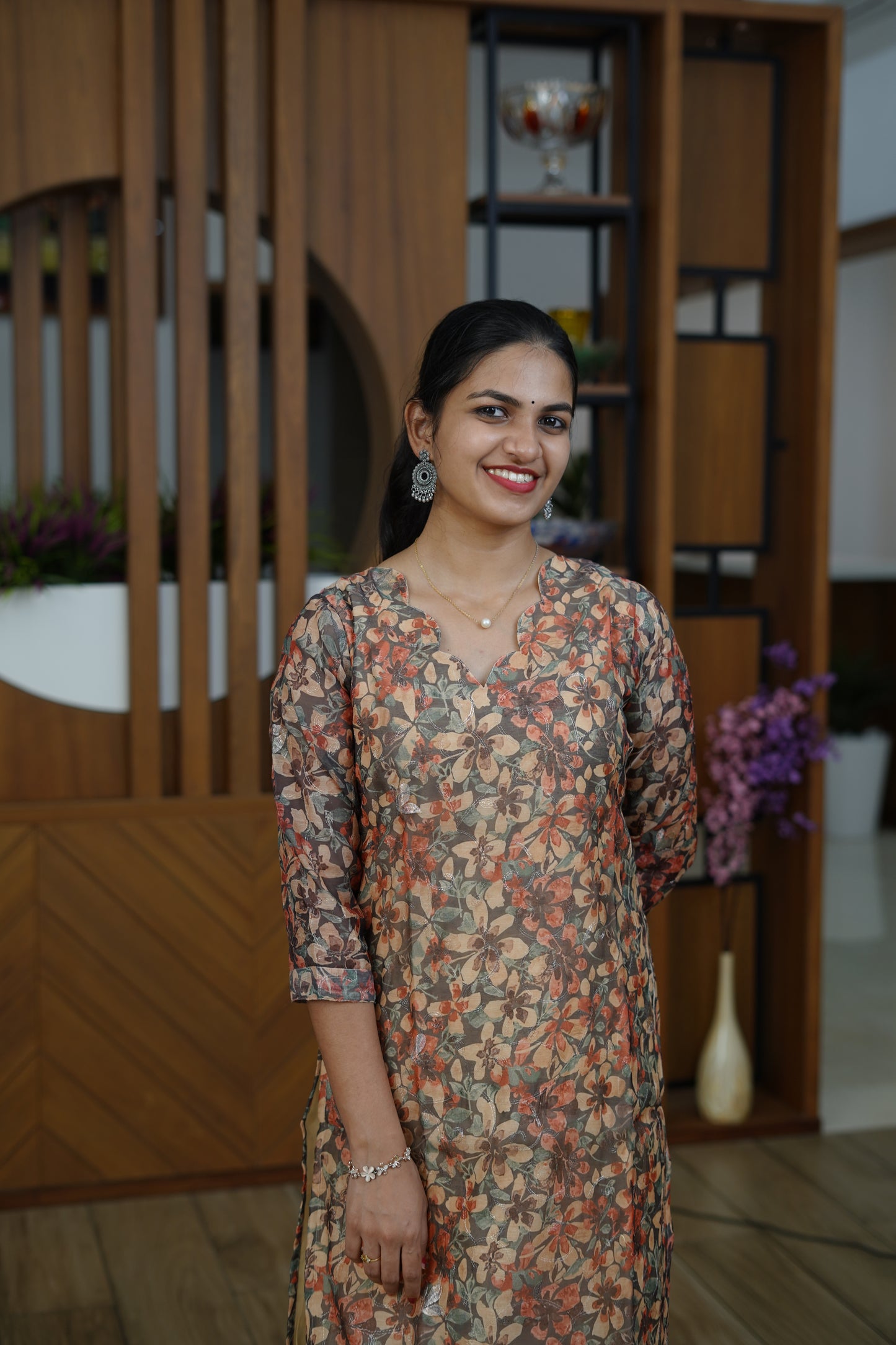 Earthy Bloom Sheer Floral Kurti - F1076
