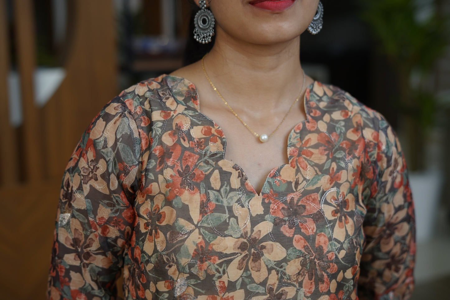 Earthy Bloom Sheer Floral Kurti - F1076