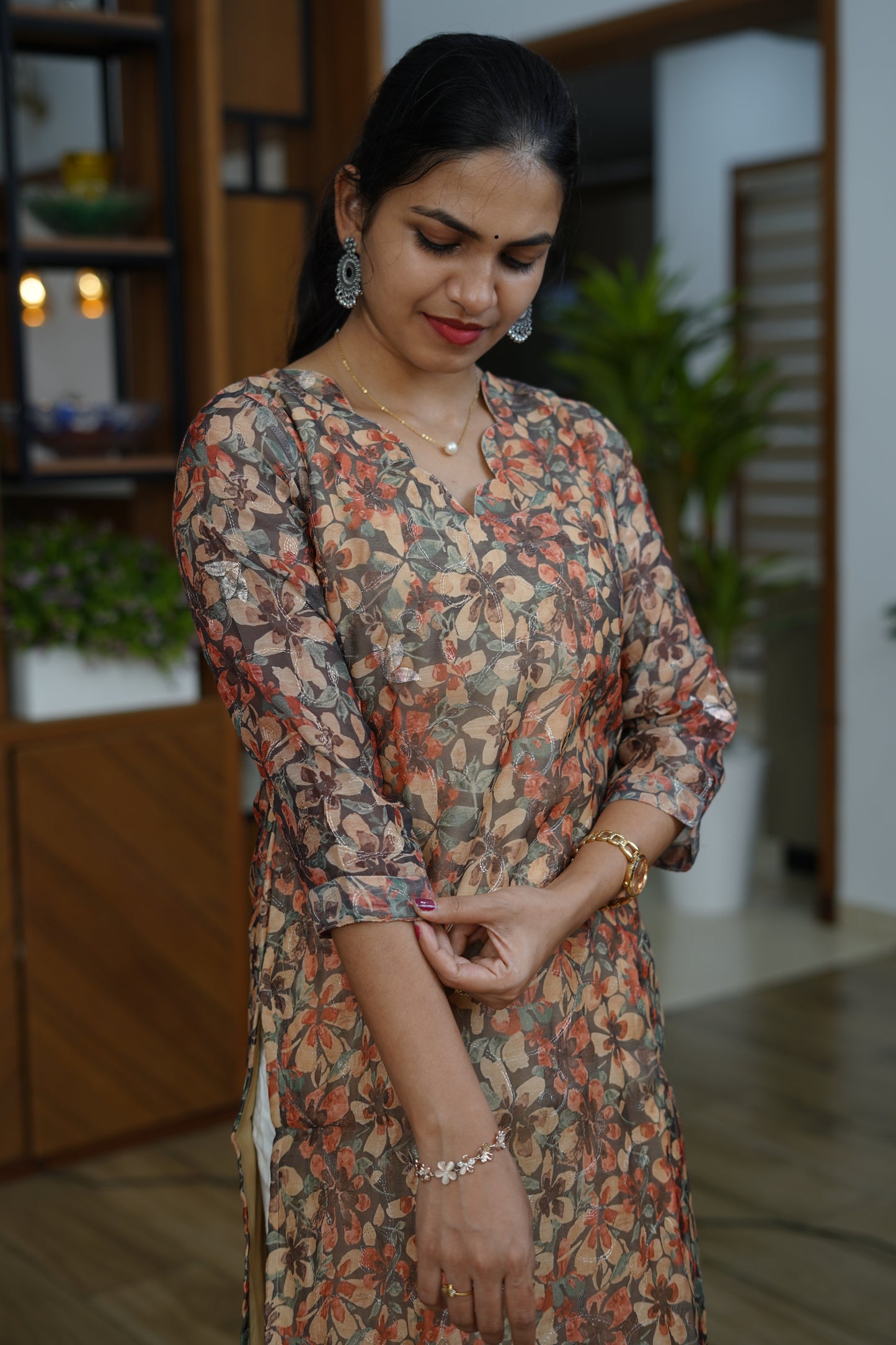 Earthy Bloom Sheer Floral Kurti - F1076