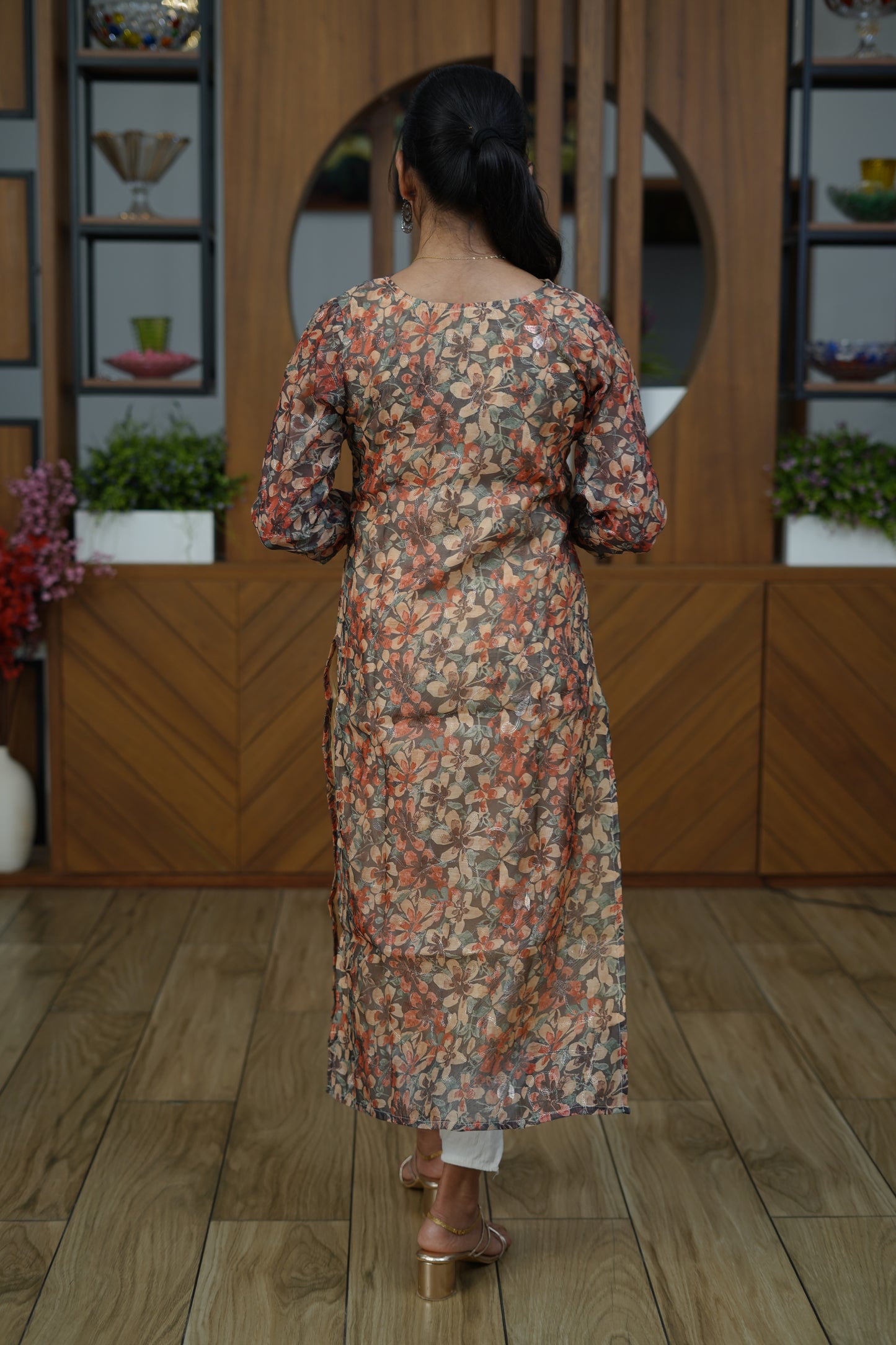 Earthy Bloom Sheer Floral Kurti - F1076