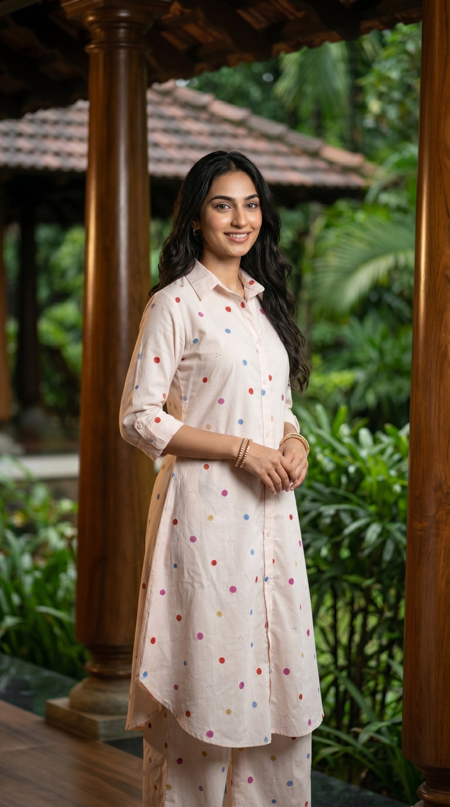 Cream Multi-Dot Button-Down Co-ord Set
