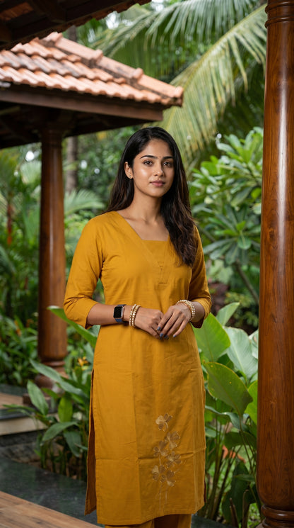 Saffron Yellow Floral Embroidered Straight Co-ord Set