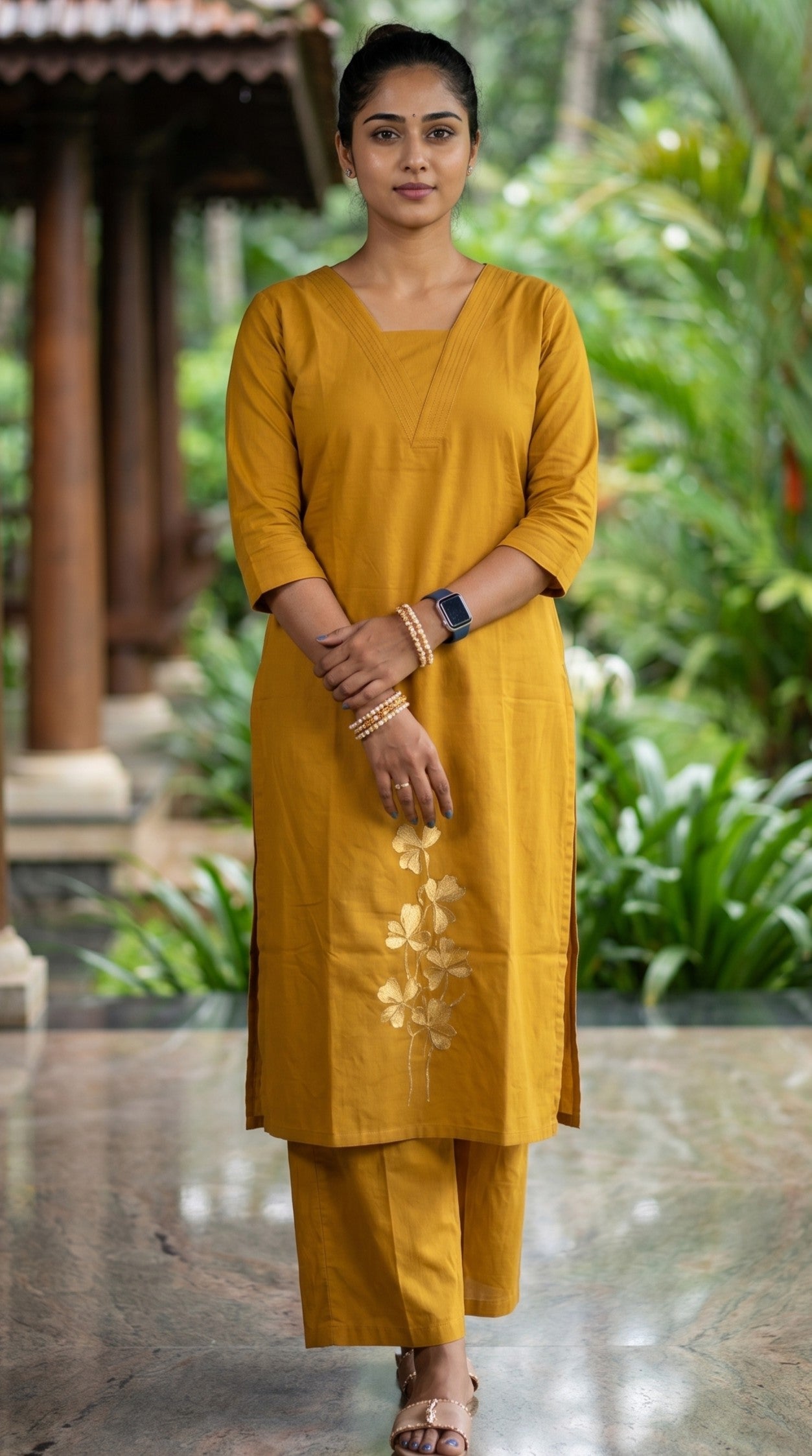 Saffron Yellow Floral Embroidered Straight Co-ord Set