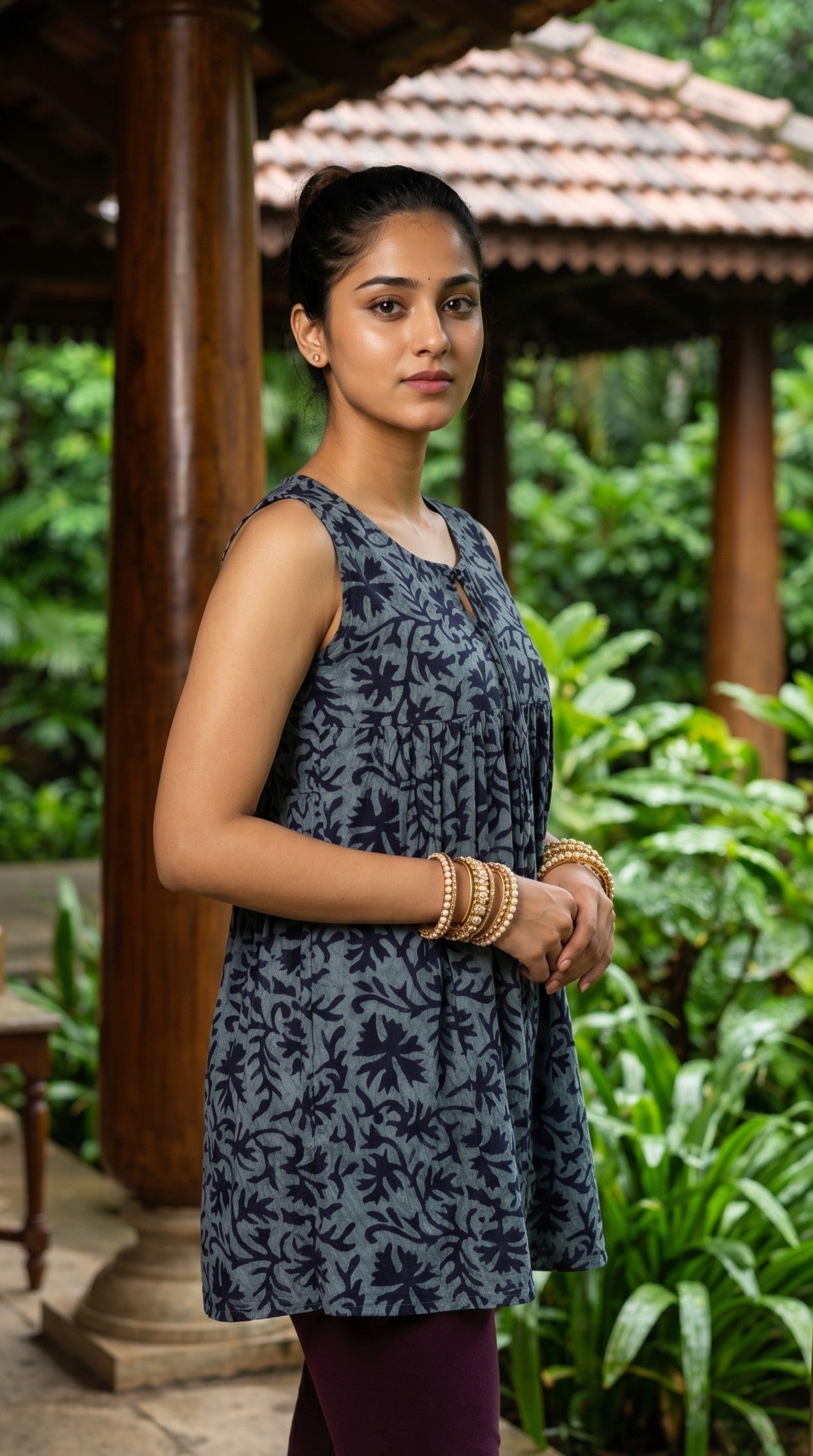 Grey Botanical Print Gathered Sleeveless Top