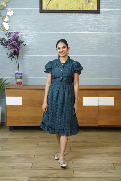 Teal Blue Puff Sleeve Dress - F1067