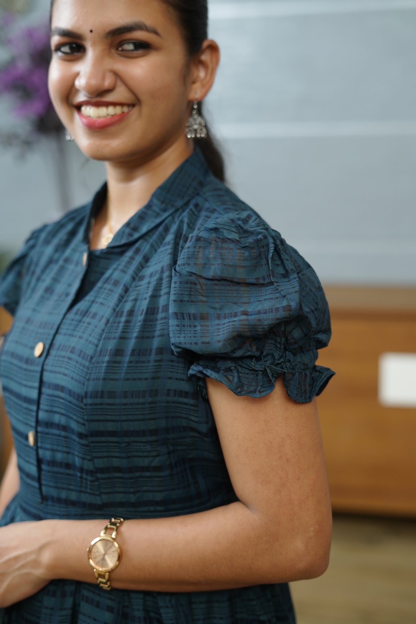 Teal Blue Puff Sleeve Dress - F1067