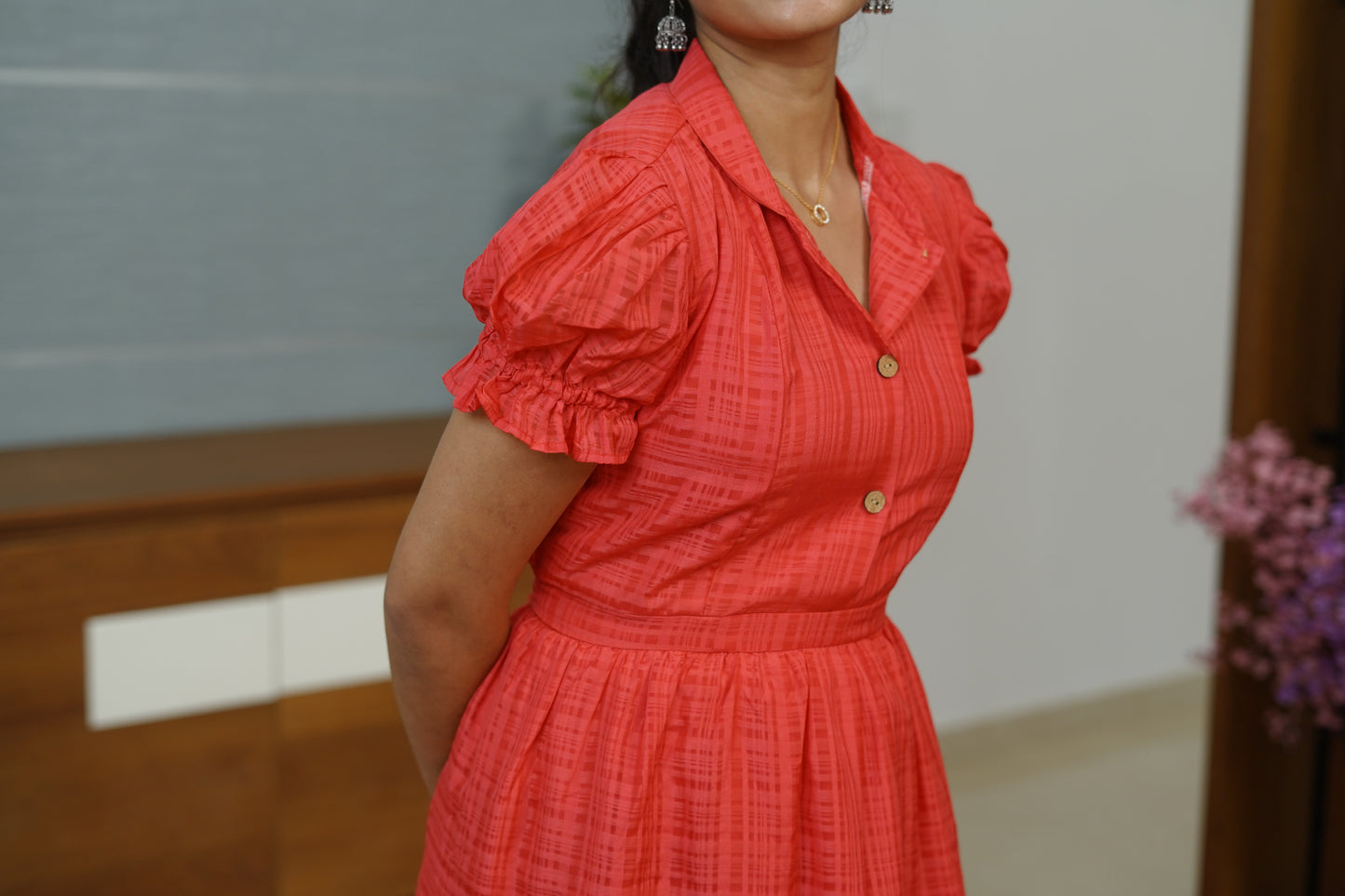 Puff-Sleev Pleated Dress - F1067