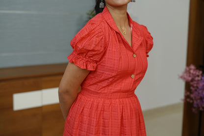 Puff-Sleev Pleated Dress - F1067