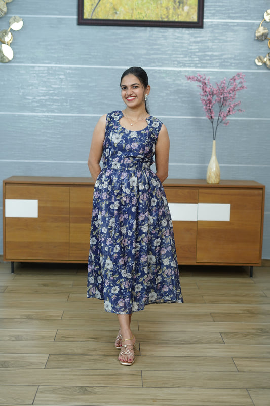 Midnight Bloom Sleevless Flared Dress - PF1013