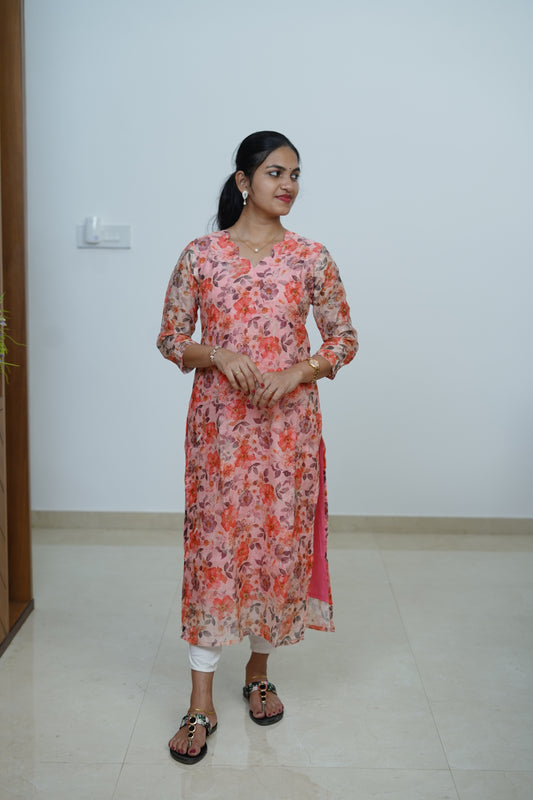 Coral Blossom Floral Kurti - F1076