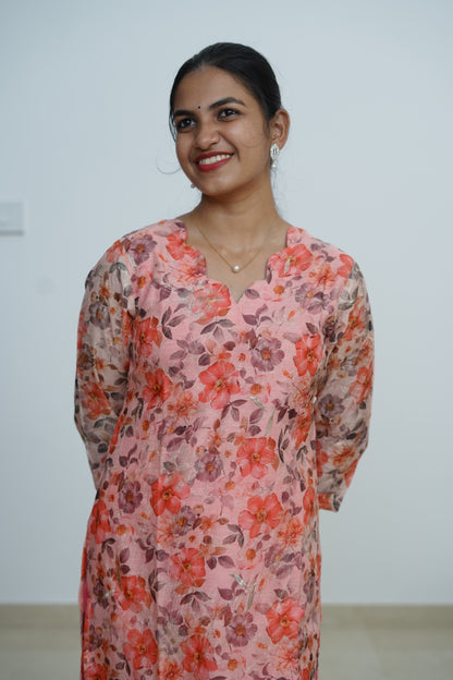 Coral Blossom Floral Kurti - F1076