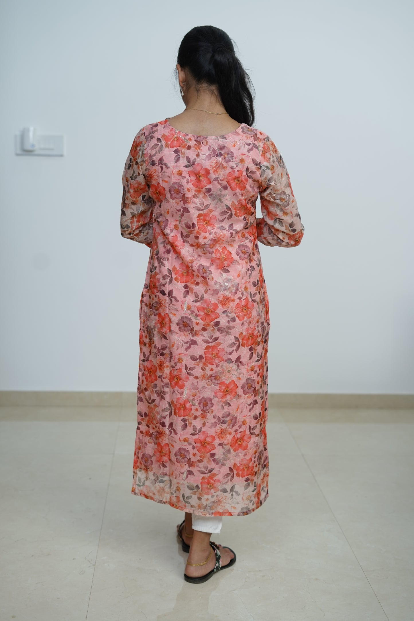 Coral Blossom Floral Kurti - F1076