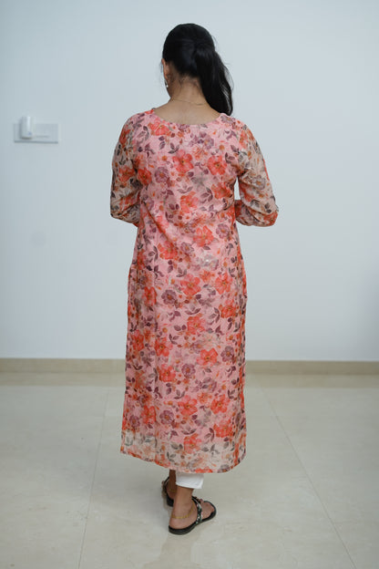 Coral Blossom Floral Kurti - F1076