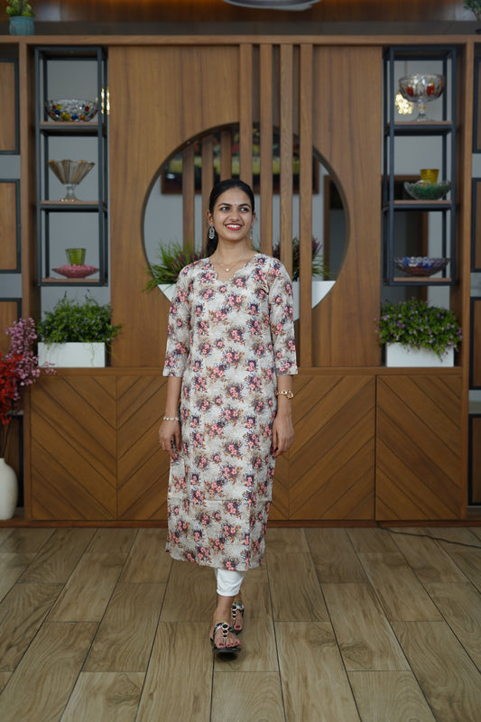 Vintage Rose Printed Kurti - F1076