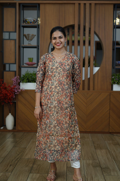 Earthy Bloom Sheer Floral Kurti - F1076