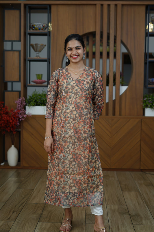 Earthy Bloom Sheer Floral Kurti - F1076
