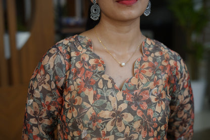 Earthy Bloom Sheer Floral Kurti - F1076