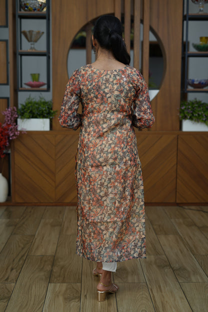 Earthy Bloom Sheer Floral Kurti - F1076