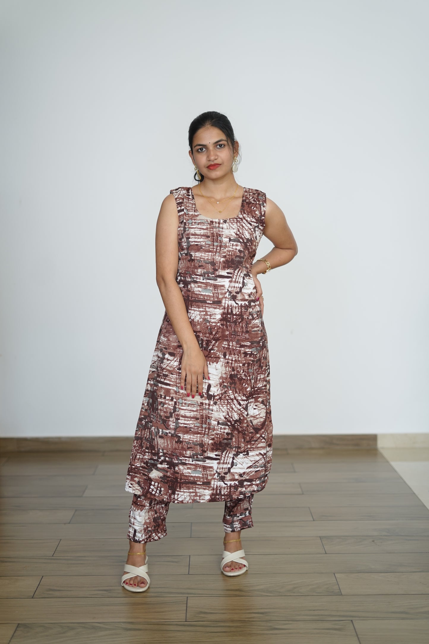 Rust & White Abstract Kurti Set -F1079
