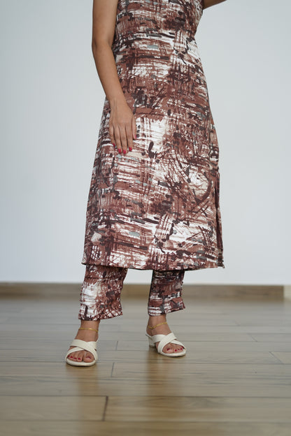 Rust & White Abstract Kurti Set -F1079