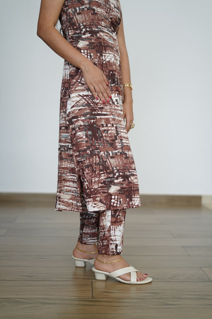 Rust & White Abstract Kurti Set -F1079