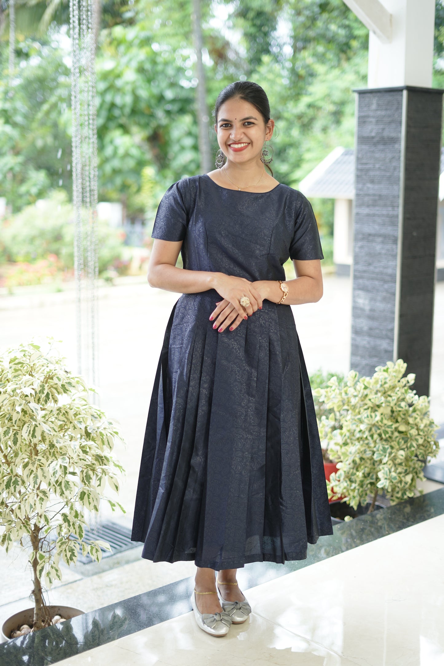Navy Blue Pleated Party Dress