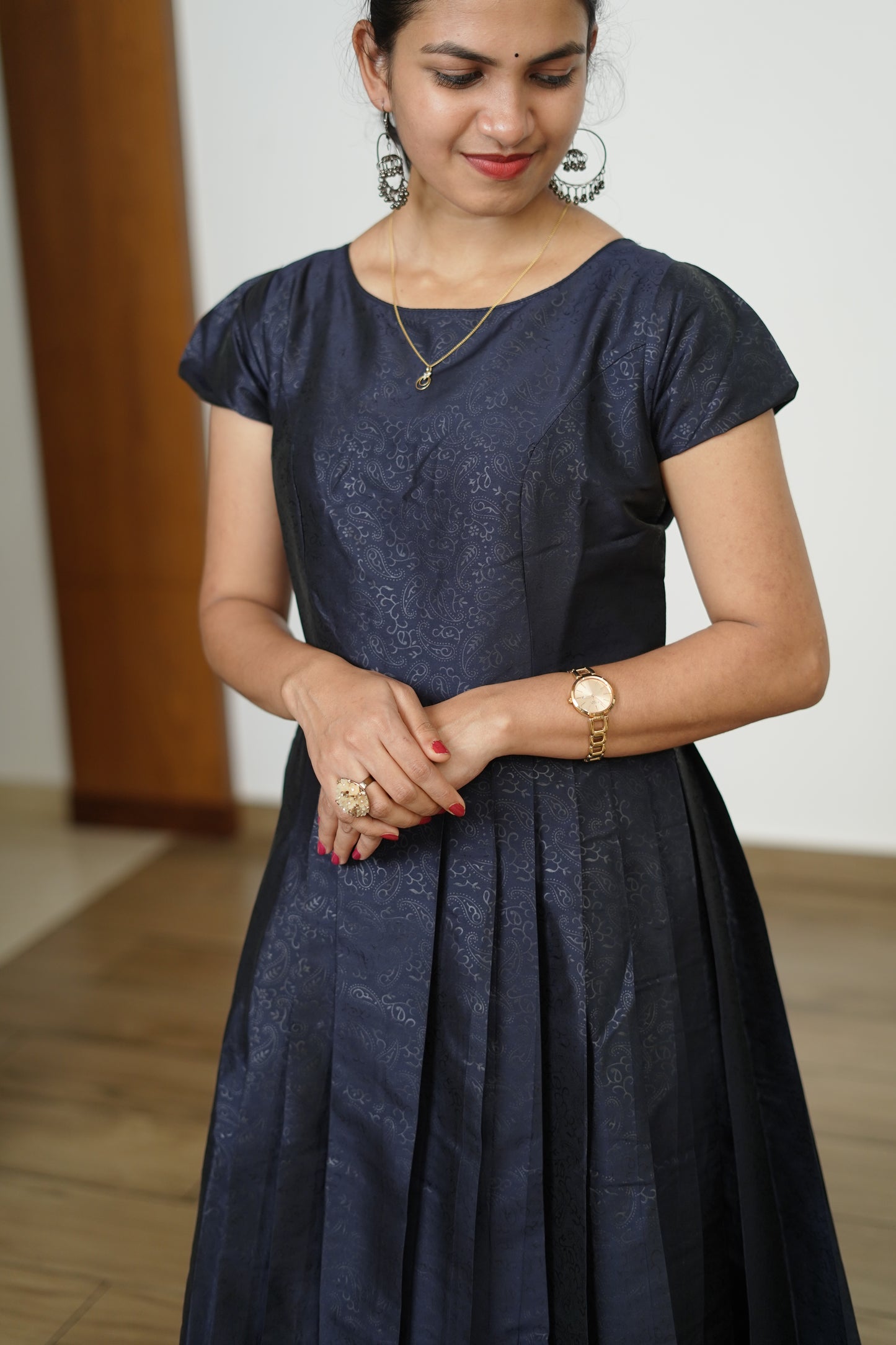 Navy Blue Pleated Party Dress
