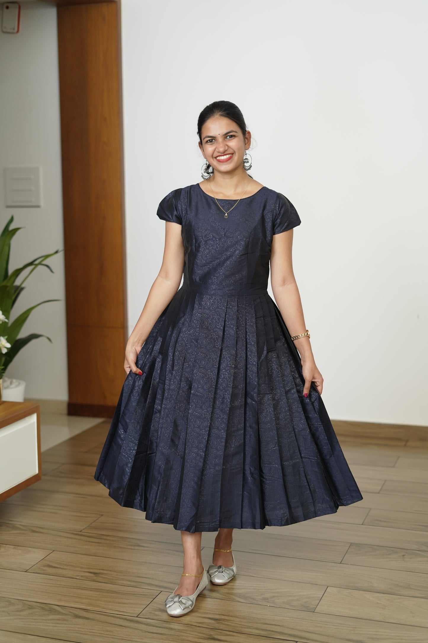 Navy Blue Pleated Party Dress