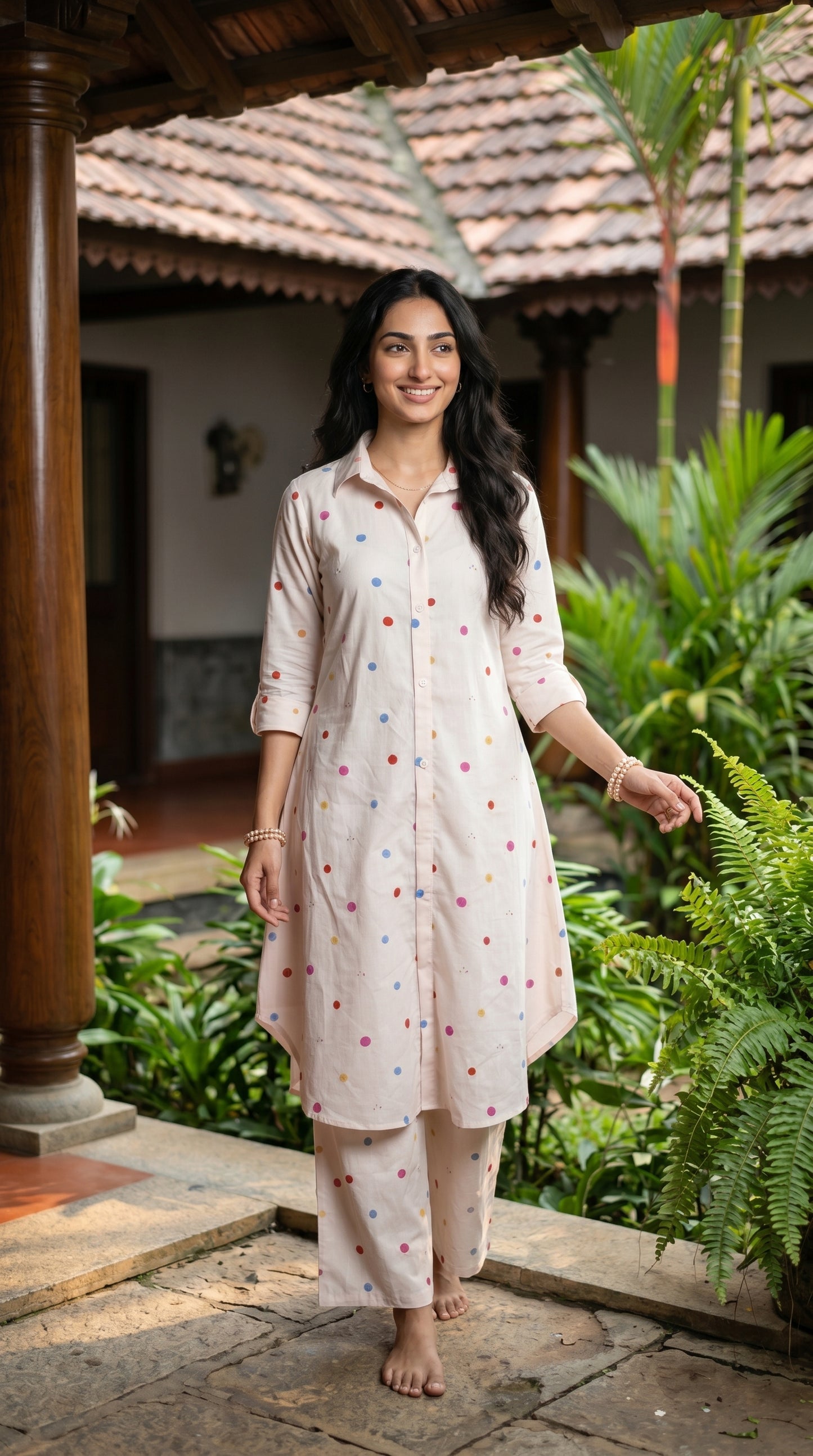 Cream Multi-Dot Button-Down Co-ord Set
