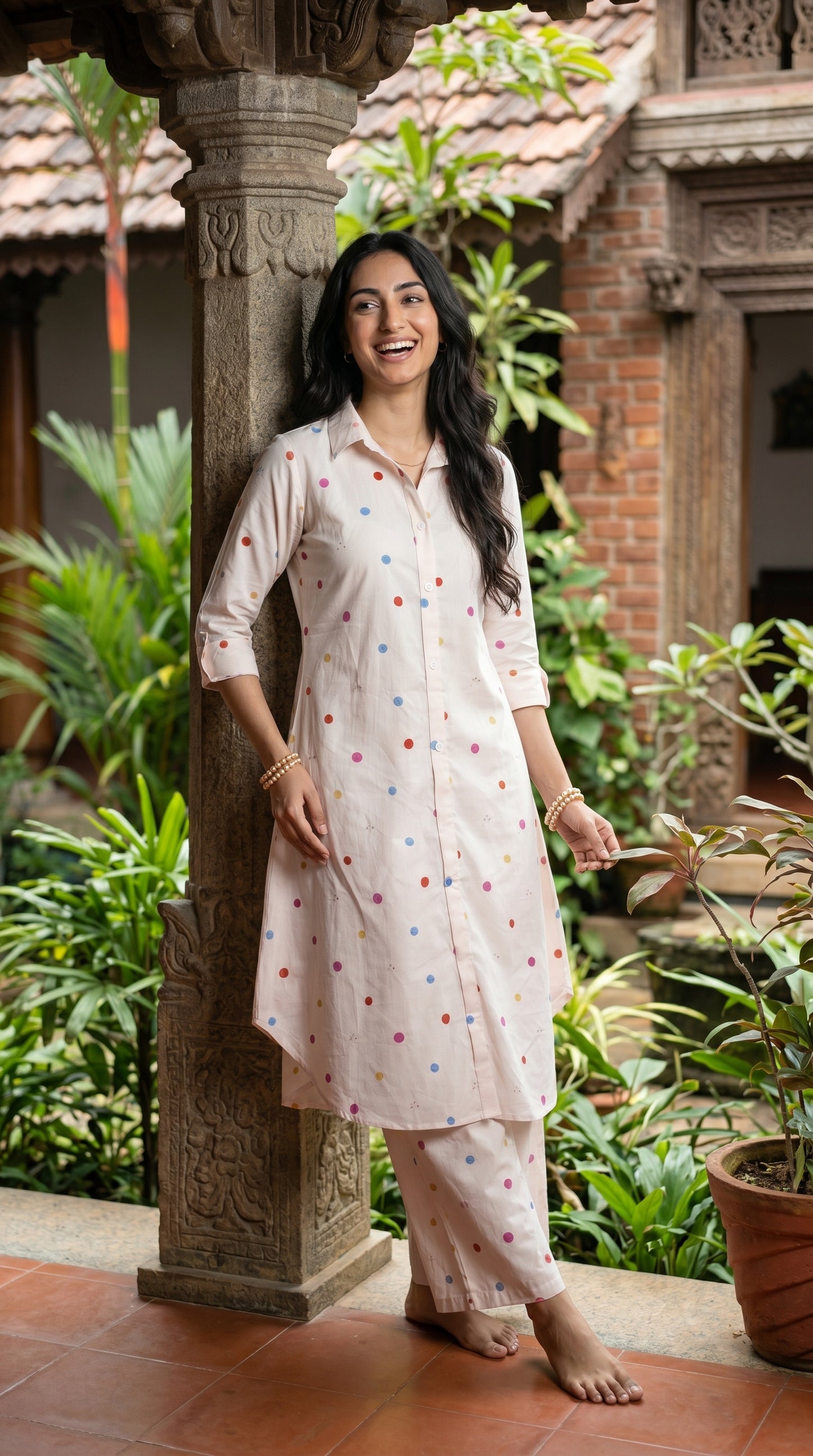 Cream Multi-Dot Button-Down Co-ord Set