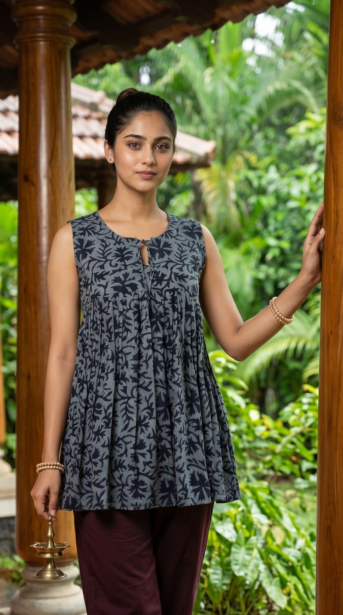 Grey Botanical Print Gathered Sleeveless Top