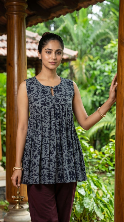 Grey Botanical Print Gathered Sleeveless Top