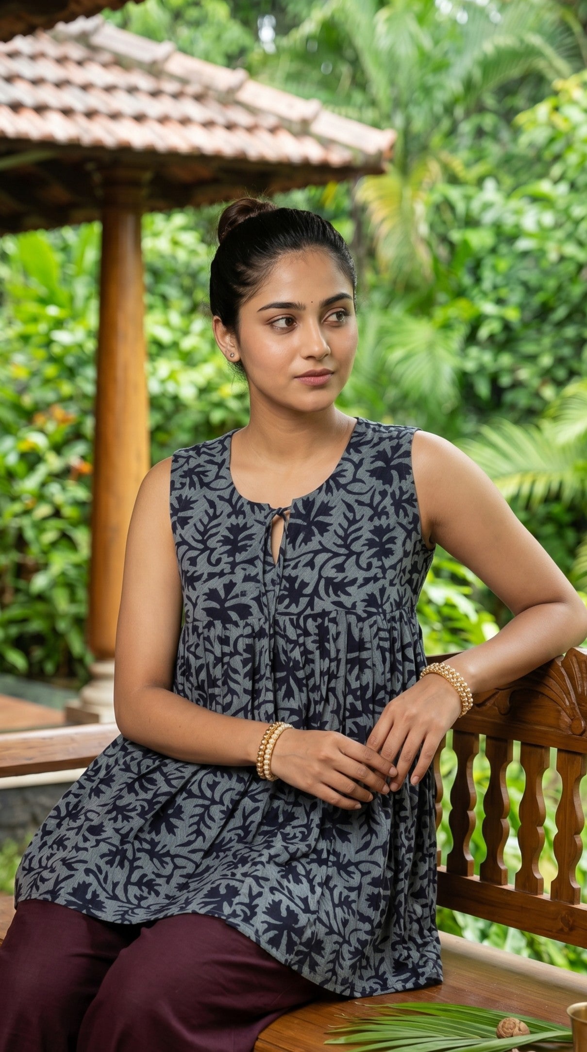 Grey Botanical Print Gathered Sleeveless Top