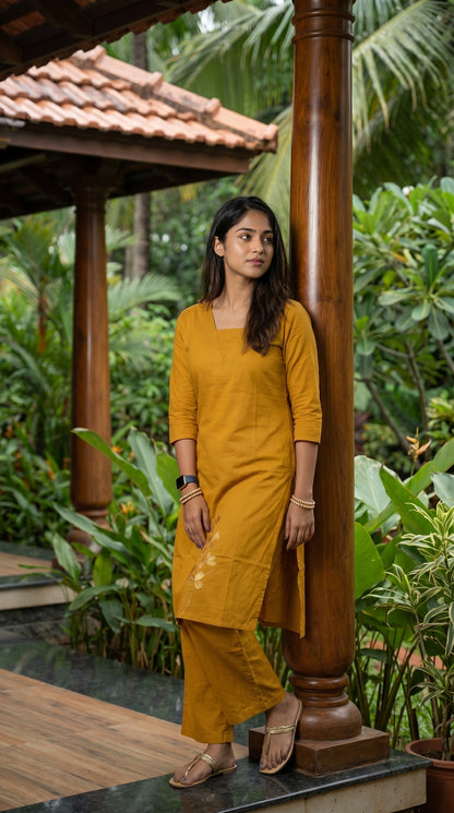 Saffron Yellow Floral Embroidered Straight Co-ord Set
