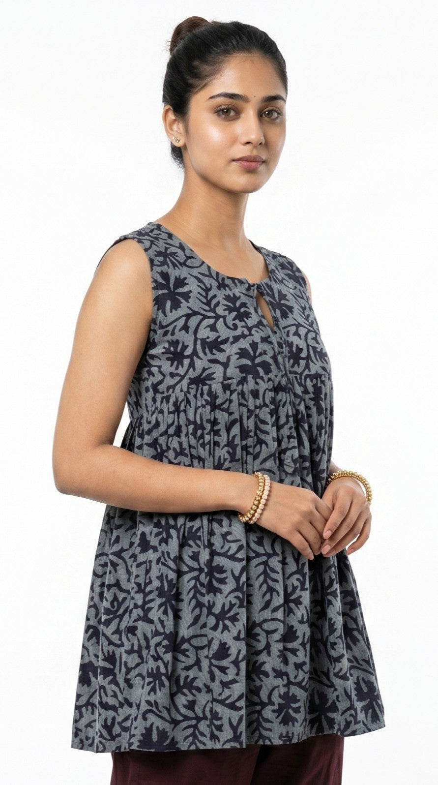 Grey Botanical Print Gathered Sleeveless Top